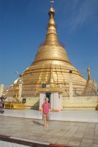 A.J. and one of the pagodas, brilliant in the sunshine